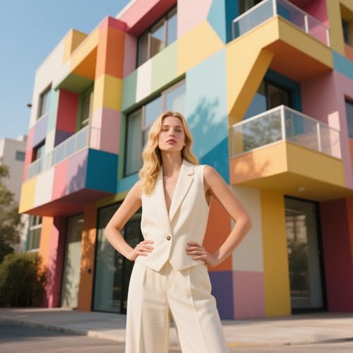 Womens Vest Wide Pants Set 2 Piece Outfits Sleevless Blazer Sets V Neck Suiting3