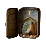 Delicado belén de cristal marino en lata, mini belén navideño en caja de lata, con cristal marino y madera flotante, adornos cristianos, regalo for mamá y amigos