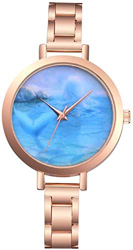 Damenuhr Quarzuhr mit rundem Zifferblatt Blaues Meer Muster Uhr mit Metallarmband für Elegante Frauen