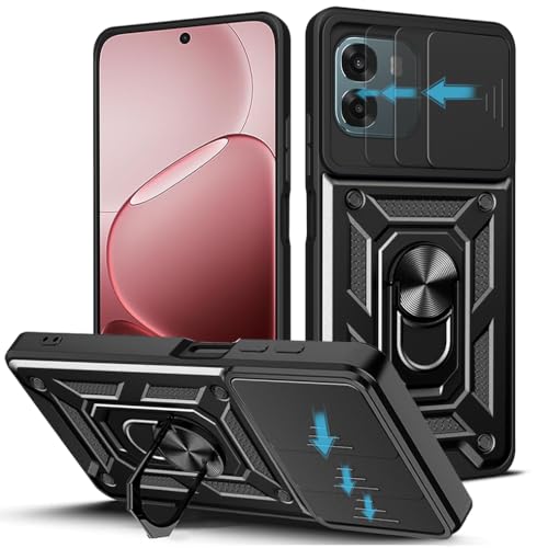Image of Shockproof Back Case Cover for Oppo A6 /A6 Pro 5G, Shockproof Oppo A6 /A6 Pro Back Cover, Ring Case with Kickstand and Camera Protection Shutter - Black
