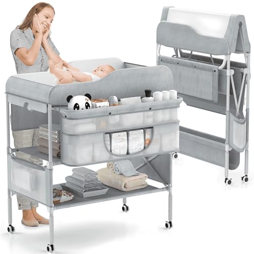 Portable Baby Changing Table,Foldable Changing Table Dresser Baby Changing Station with 2 Basket for Essentials, 3 Position Height Adjustable for Infant Newborn
