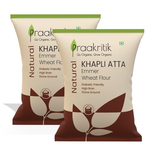 Image of Praakritik Khapli Wheat Atta 10 Kg (2 Packs of 5 kg each), Emmer Wheat Chakki Ground Flour, High Fiber, Low Gluten, & Diabetic Friendly, High Bran & Perfect Alternative For Regular Wheat