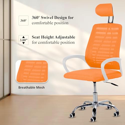 Image of Casa Copenhagen,Mesh Office Desk Chair,Rocking Ergonomic Computer Chair Adjustable High with Headrest and Comfortable Armrest Swivel - Orange & White Handle