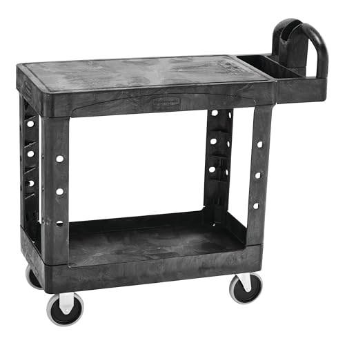 Image of Rubbermaid Commercial Products Heavy Duty 2-Shelf Utility /Service Cart, Small, Flat Shelves, Ergonomic Handle, 500 lbs. Capacity, for Warehouse /Garage /Cleaning /Maintenance