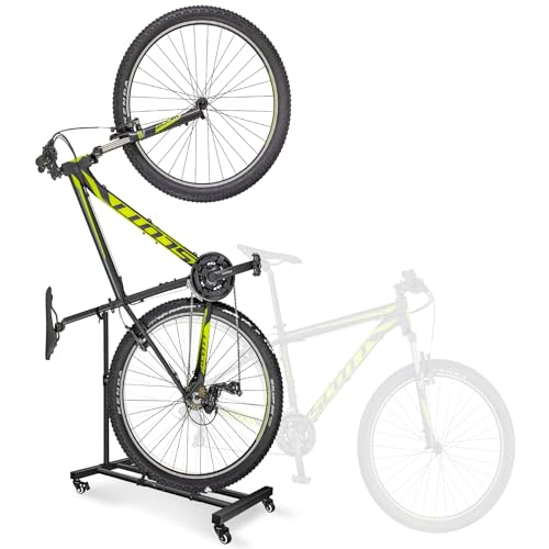 Athvcht 自転車 スタンド 縦置き【360°回転キャスター・自転車隙間収納・縦/横置き両用】ロードバイク スタンド 倒れない 24インチ-29インチ 転倒防止 ロック対応キャスター付き 自転車立て 高さ調整が可能 サイクル 室外ディスプレイスタンド