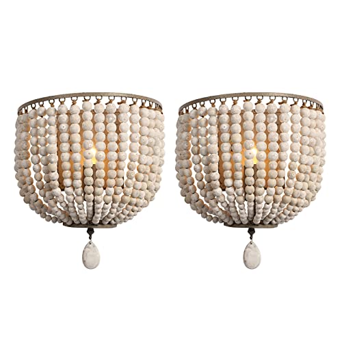 Newrays 2 Pack Lámpara de pared vintage con cuentas de madera, acabado en gris, blanco, retro, antiguo y cableado para accesorios de dormitorio