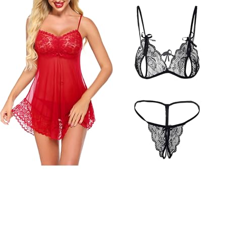 Image of SSoShHub Lace Babydoll Lingerie Sexy Mini Chemise Mesh Wedding Nightie Bridal Nightdress with Bikini