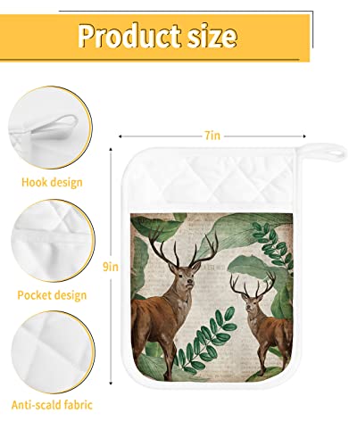 Vintage Reindeer Pot Holders With Pocket For Kitchen, Heat-Resistant Potholders Set Of 2, Hot Pads Oven Mitts With Hanging Loops For Home Cooking Baking Microwave, Tropical Palm Tree #TOP2