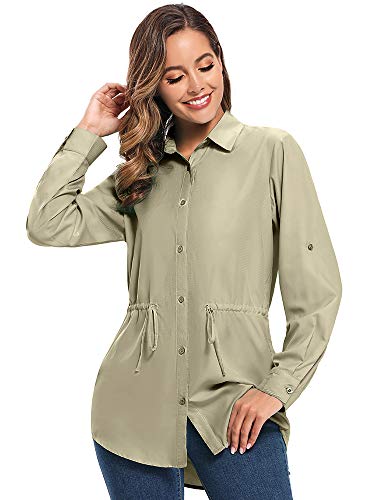 Women's UPF 50 Long Sleeve Sun Protection Shirts Quick Dry Outdoor Fishing Hiking Travel Shirt (5048 Khaki XXL)