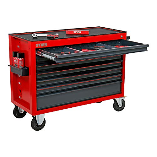 STIER Werkstattwagen XXL, leer, extra breit, 7 Schubladen für mehr Stauraum in der Werkstatt, in Rot, Werkzeugwagen leer, auf Rollen, – Bild 6