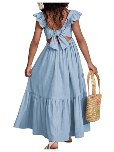 WDIRARA Toddler Girl's Square Neck Ruffle Sleeve Bow Knot Back Dress A Line Long Dress