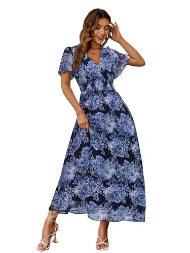Image of Simplee Women's Boho Floral Maxi Dress Flowy Casual V Neck Short Sleeve Wedding Guest Holiday Beach Long Dress