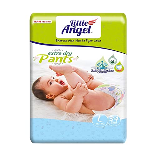 Little Angel Extra Dry Baby Pants Diaper, Large (L) Size, 34 Count, Super Absorbent Core Up to 12 Hrs Protection & Wetness Indicator, Pack of 1, 8-14kg