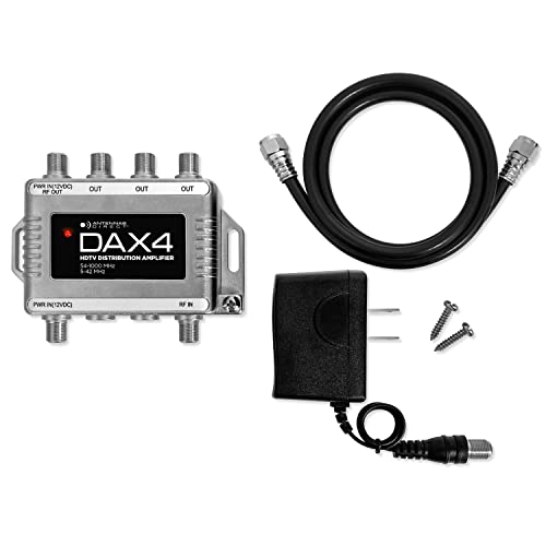 Antennas Direct DAX 4-Output TV Antenna Distribution Amplifier, Output to 4 Televisions, CATV Systems, 4K 8K Ready – w/Power Supply, Coaxial Cable (Silver)