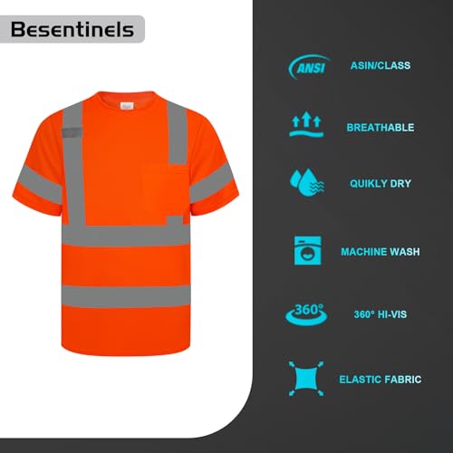 Class 3 High Visibility Safety Shirts for Men, Short Sleeve Hi Vis Shirts for Construction, Utility Workers, Orange 2X-Large 1pc - Image 4