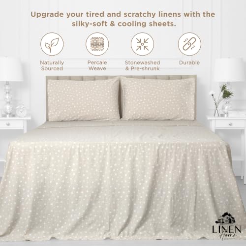 Image of Linen Home 100% Cotton Printed Percale Sheets Cal King Size, Polka Beige