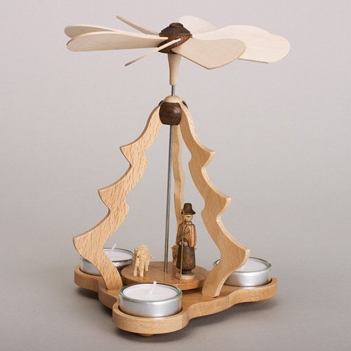 Pyramide de Noël Erzgebirge artisanale en bois avec bergers et moutons pour 3 bougies chauffe-plats