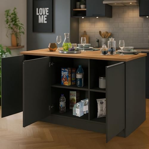 Dmora - Isola da cucina Patrizio, Armadio multiuso, Mobile per cucinotto, Tavolo ausiliario, 100% Made in Italy, 155x90h90 cm, Antracite e Rovere