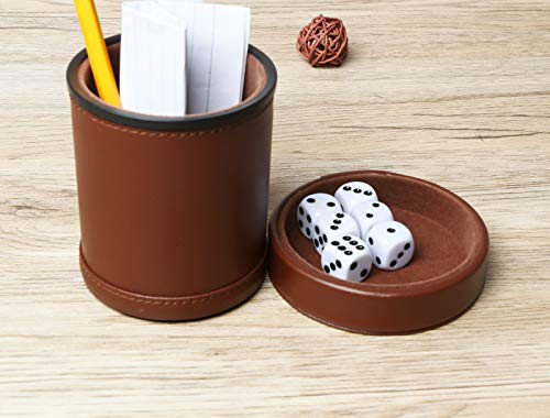 Reriver Leather Dice Cup Set With Lid Dark Brown Felt Lining Quiet Shaker Cup Includes 6 Dot Dice For Liars Dice Farkle Yahtzee Board Games, 1 Pack #TOP4