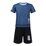 Yeahdor Kinder Sportkleidung Jungen Set Zweiteiler Kurz Loose Fit Sportanzuzg Atmungsaktives Trainingsanzug Jogginganzug Fitness Sportswear B Dunkelblau 128-134