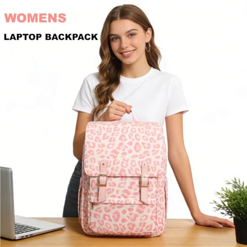 Image of Women Laptop Backpack, Corduroy 15.6 inch Travel Backpack for Work College Business, Teacher Nurse Bag with Large Capacity School Bookbag Bags for Girls - Leopard Pink