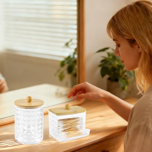 Hwtcjx 3 Stück Wattestäbchen Halter, Wattepad-Halter, Wattepads Aufbewahrung, Wattestäbchen Behälter mit Holzbezug, Wattepadspender, für Wohnzimmer, Schlafzimmer, Badezimmer 6