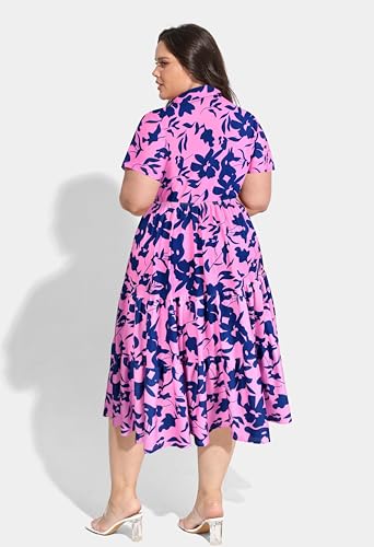 Image of CARCOS Plus Size Dresses for Curvy Women Collared Vneck Short Sleeve Dresses Midi Summer Ruffle Dress with Pocket XL-5XL