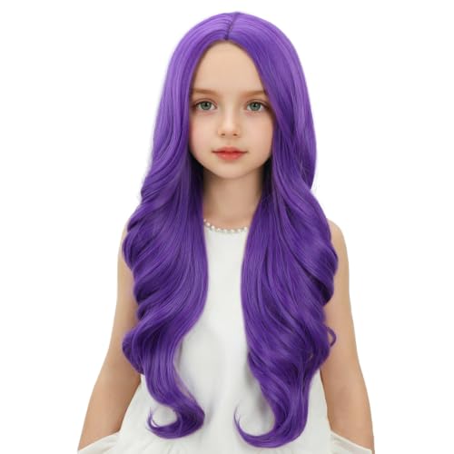 Image of Child Dark Purple Wig Girls Long Deep Purple Wavy Curly Wig Kid Middle Part Wigs Heat Resistant Synthetic Wigs with Cap