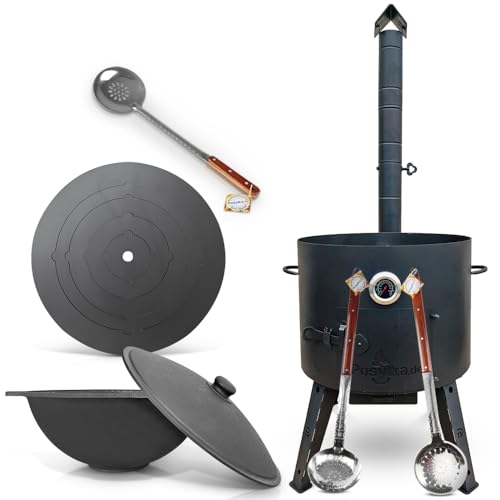 Utschak Uchag - Hornillo de fuego (49 cm de diámetro, 2 mm, acero, 4 mm, Kazan, 22 L, base plana con termómetro, espumadera para Plov Учак Учаг Uchag Asia казан (Set 535)