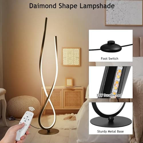 Image of Stylish Spiral Floor Lamp, Dual-Tone Black Body with 3 LED Colors (Warm /Natural /Cool), Contemporary Standing Light for Living Room, Bedroom, or Office Decor