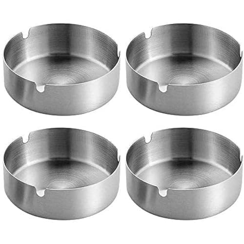 Pack of 4 Round Stainless Steel Cigarette Ashtray Set for Outdoor and Home (Medium)