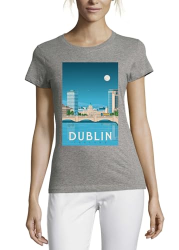 T-shirt femme Dublin Irlande en coton gris col rond style affiche voyage minimaliste