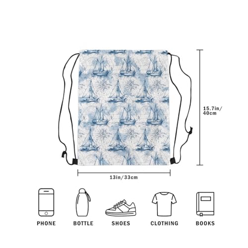 Image of jejeloiu Nautical Drawstring Backpack 13x15.7inch Vintage Sailboat Waterproof Gym Drawstring Bags Sea Ocean Sports String Backpack Beach Swim Travel Bag Sackpack