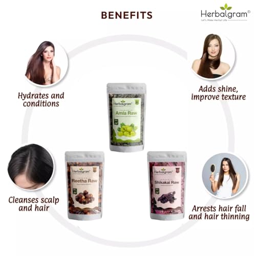 Image of Herbalgram Amla Reetha Shikakai Bhringraj 400gm Raw Dried Flowers and Leaves Whole for Hair Care & Shine Pure Combo Pack of 4 x 100gm Each