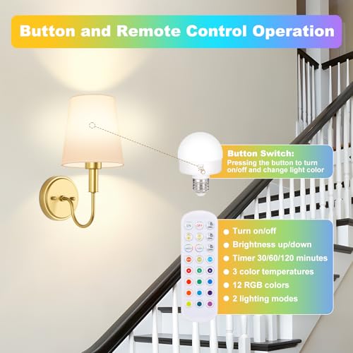 Wireless Rechargeable Wall Sconce, Battery Operated Wall Lights with Remote, Wall Lamps with Dimmable RGB LED Bulbs, No Wiring Gold Sconces Wall Decor Set of 2 for Bedroom Living Room Hallway - image 6