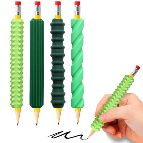 BTFSZ Pencil Grips, 4-Pack Textured Silicone Sleeves for Mechanical Pencils, Sensory Fidget ADHD Tool for Kids and Adults, Quiet Fidget Tools for Classroom Focus, Anxiety Relief (Green)