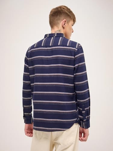 Image of THE BEAR HOUSE Men Spread Collar Vertical Striped Cotton Slim Fit Casual Shirt