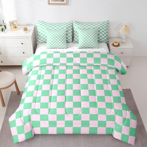 Manfei 7 Pieces Pink Green Grid Comforter Set Full Size,