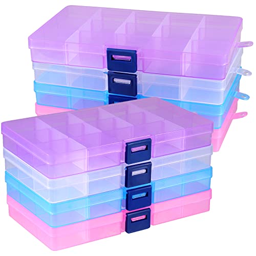 ZEONHEI 8 Pack 15 Grids Jewellery Organizer Bead Storage Box, Colorful Divider Plastic Earring Charms Storage Containers with Adjustable Compartments for Craft Sewing Diamond Art Screw