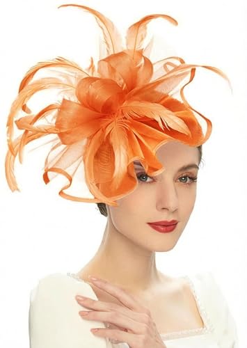 TLMNU Sinamay Fascinator Hat Floral Feather Pillbox Derby Hats for Women Wedding Tea Party with Headband Clip 05Orange