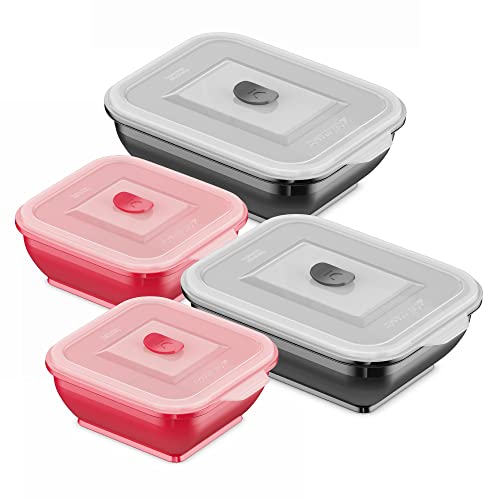 Collapse-it Silicone Food Storage Containers - BPA Free Airtight Silicone Lids, 4 Piece Set of 6-Cup & 4-Cup Collapsible Lunch Box Containers - Oven, Microwave, Freezer Safe with Bonus eBook