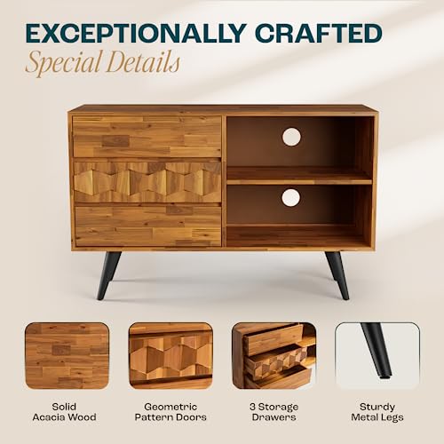 Bme Georgina 45 Inch Solid Wood TV Stand, Under 10 Minutes Assembly Entertainment Center with Storage, Geometric Pattern TV Console for Living Room, Bedroom, Dinning Room - Teak Brown