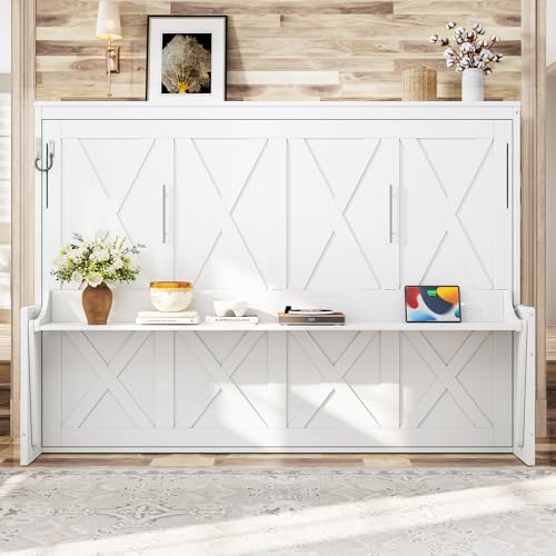 Image of KEIKI Queen Size Horizontal Cabinet Murphy Bed with Desk, Solid Slat, White | Foldable Hideaway Wall Bed Frame with USB Charging Station, No Box Spring Needed, Easy Assembly, for Bedroom, Guest Room