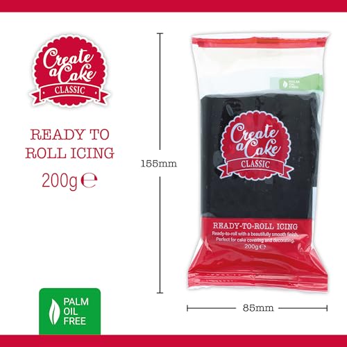 Create A Cake Ready To Roll Icing | Black Fondant Icing | Palm Free Sugar Paste For Cake Decorating, Cupcakes, Cookies, Cakes - 200g