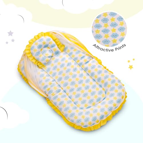 Image of Mee Mee Soft Bed Mattress Set | with Mosquito Net, Neck Pillow & Zip Closure | 100% Cotton Newborn Baby Bedding | with Attractive Clouds & Star Prints | for 0+ Months