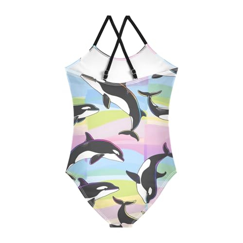 Cute Cartoon Rainbow Orcas Jumping Girls One-Piece Swimsuit Beach Bathing Suit2