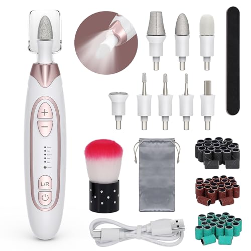 PELCAS Electric Nail File, 5 Speeds Nail Grinder for Thick Toenails, Cordless Nail Drill, Manicure and Pedicure Kit with LED Light, Toenail Grinder for Human, Thick Toenails, Natural & Acryl