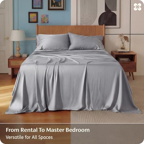 Image of Bedsure Full Size Bed Sheets, Cooling Sheets, Rayon Derived from Bamboo, PureWoven, Breathable & Soft, Deep Pocket Up to 16 Inches, Hotel Luxury Silky Bedding for Hot Sleepers, Silver Grey