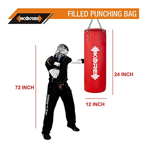 Image of KORE Ultimate 2 Feet Filled Heavy Red Punching Bag PU Leather Boxing MMA Sparring Punching Training Kickboxing Muay Thai with Rust Proof Stainless Steel Hanging Chain