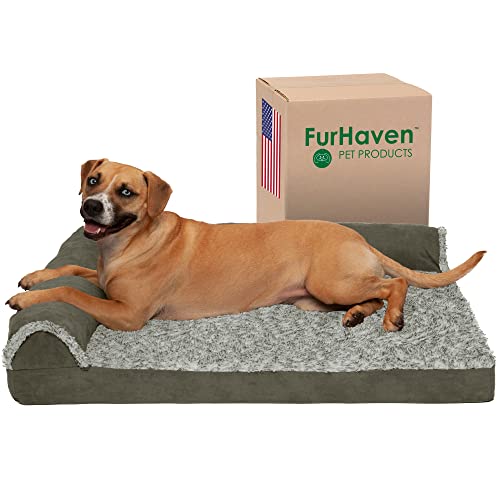 Image of Furhaven Cooling Gel Dog Bed for Large /Medium Dogs w / Removable Bolsters & Washable Cover, For Dogs Up to 55 lbs - Two-Tone Plush Faux Fur & Suede L Shaped Chaise - Dark Sage, Large